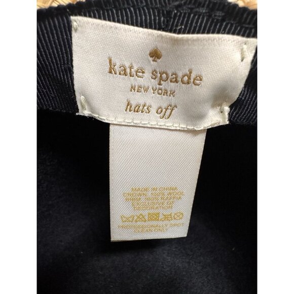 Kate Spade New York Hat 100% Wool Raffia Straw Brim Fedora Black Ribbon Bow - Picture 7 of 10